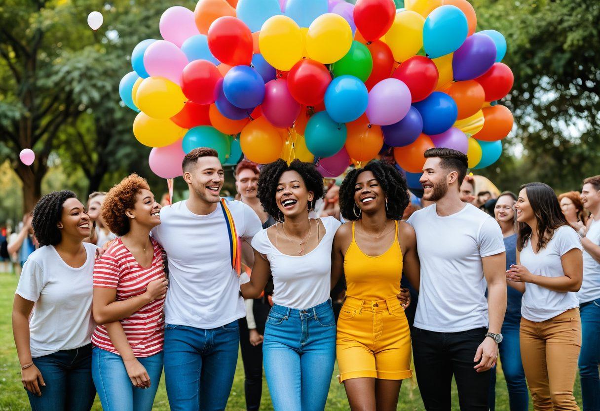 A vibrant celebration scene featuring diverse couples from the LGBTQ+ community joyfully interacting in a colorful park. Balloons, rainbow flags, and flowers fill the background, while couples of various backgrounds embrace and laugh together. The atmosphere is bright and cheerful, symbolizing love and unity. Capture the essence of happiness and inclusivity with an emphasis on warm colors and smiles. super-realistic. vibrant colors. 3D.