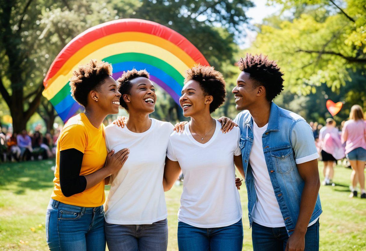 A vibrant, heartwarming scene depicting a diverse group of queer couples joyfully celebrating their love in a lively park filled with colorful flowers and rainbow flags. Each couple showcases a unique expression of affection, embodying different cultures and styles, capturing the essence of love in various forms. The background is filled with soft sunlight filtering through the trees, enhancing the atmosphere of joy and togetherness. super-realistic. vibrant colors. soft focus.